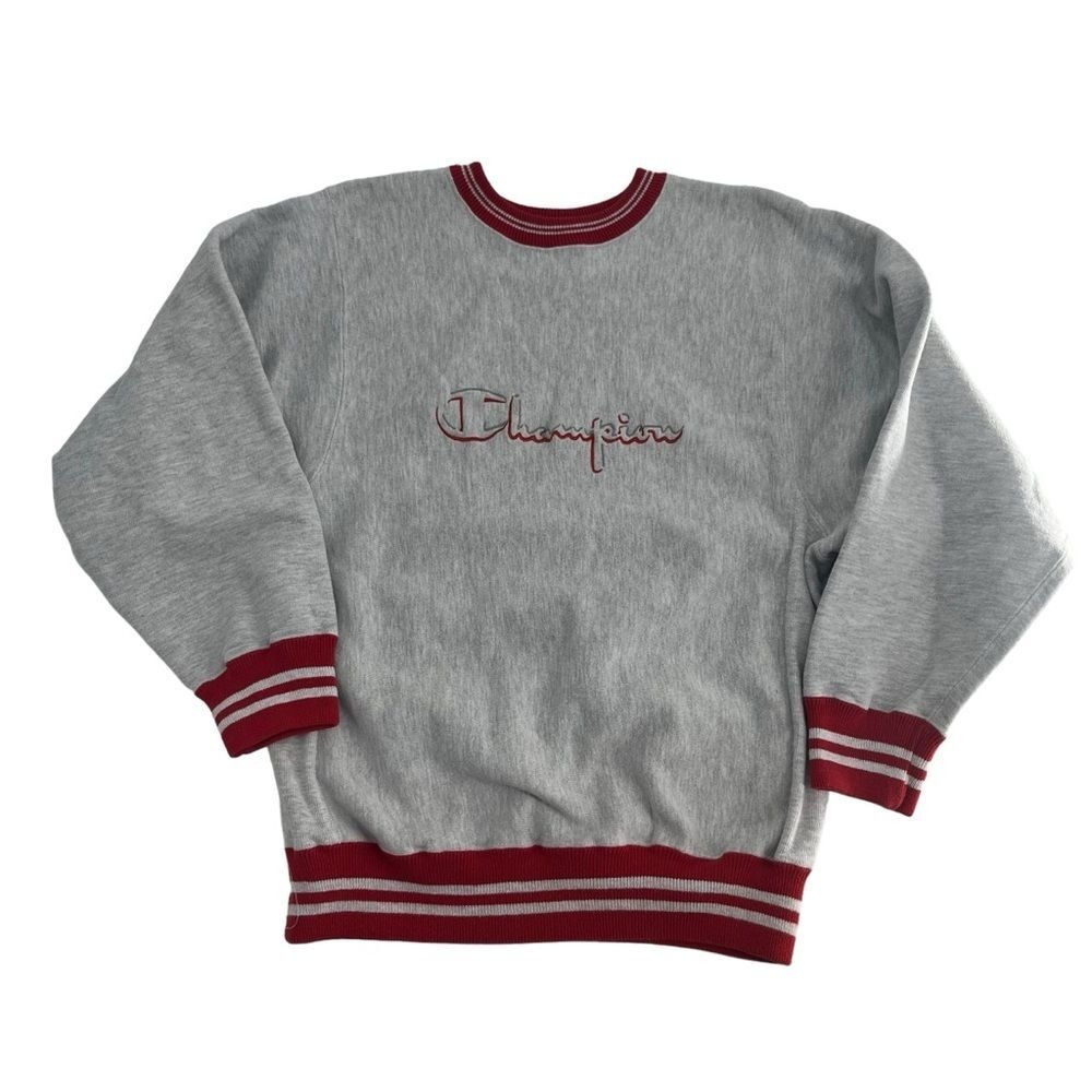 Vintage 90s Champion Reverse Weave Sweatshirt Mens Large Grey Red Crew Spellout